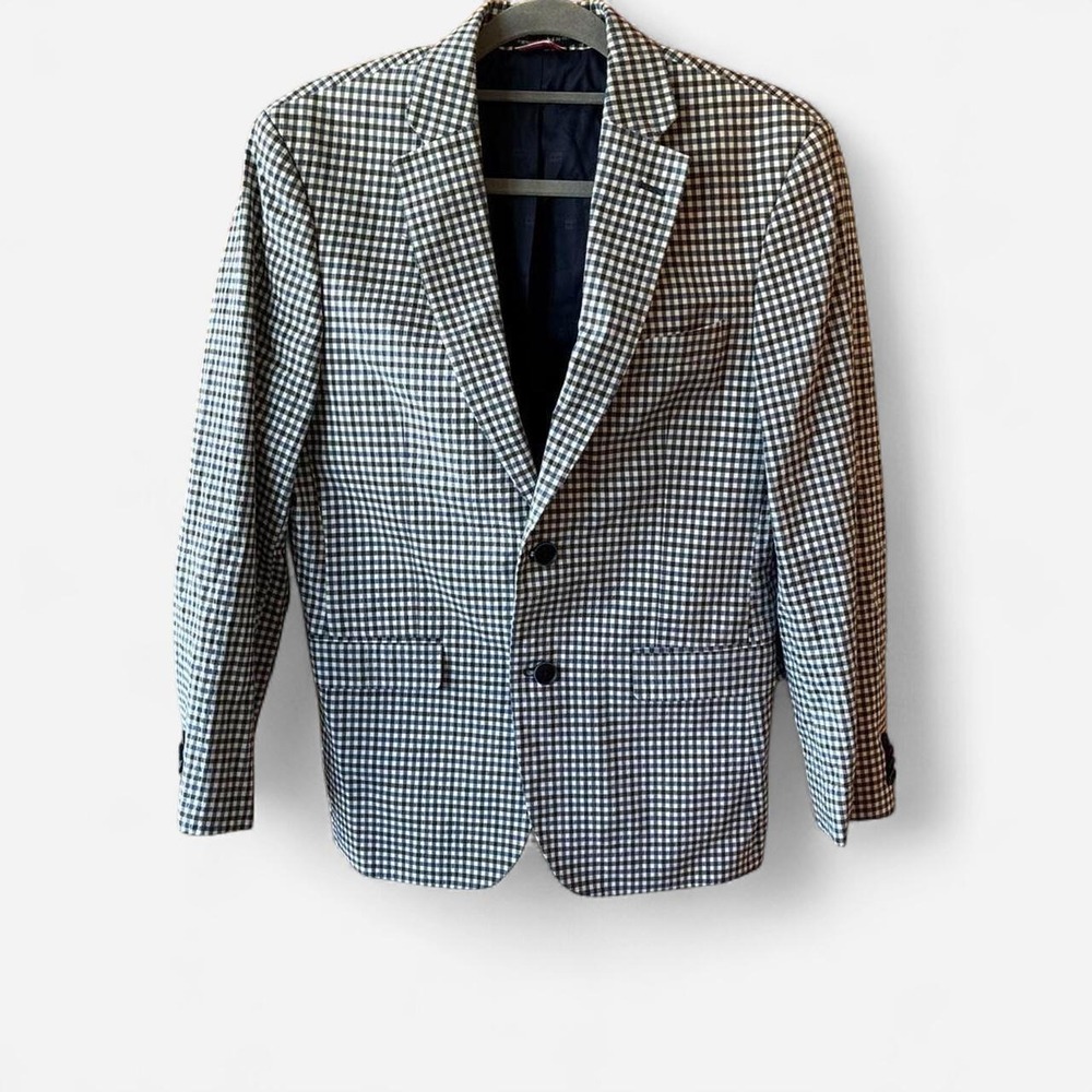 Tommy Hilfiger white & navy gingham cotton blend exterior blazer‎ Sz S 19"/27.5"